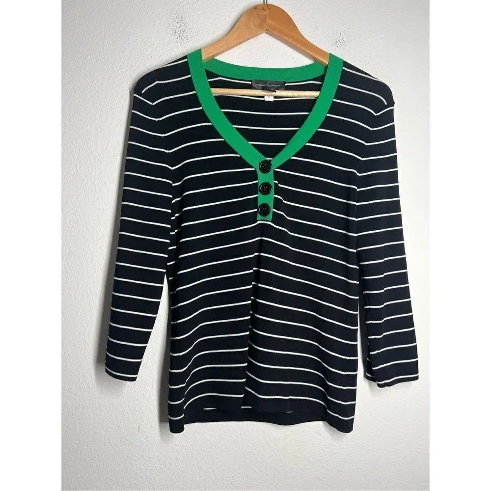 Cable & Gauge Womenβs Size M Black White Green Striped V-NeckβSweater